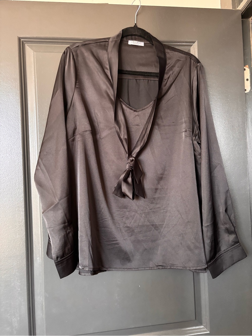 Tie-Neck Satin Blouse in Black